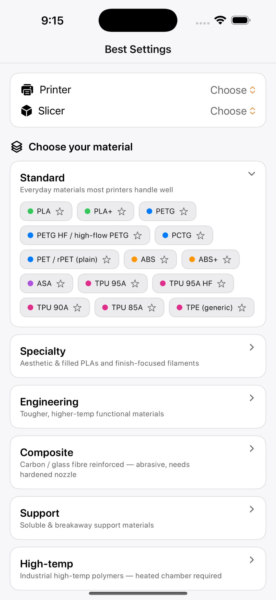 Printer Studio Best Settings finder screen showing printer, slicer, material and filament selection