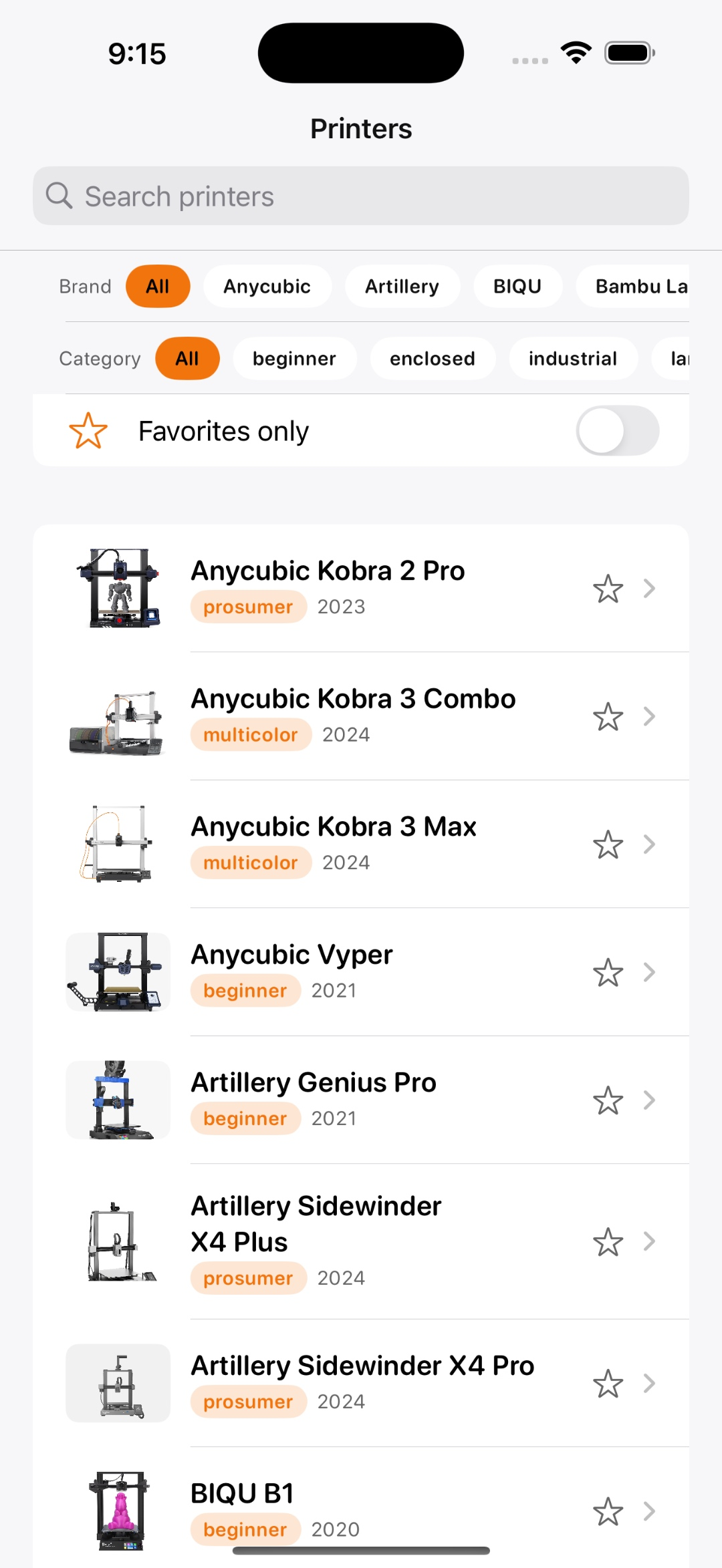 Printer library in Printer Studio listing 3D printers by brand with specs