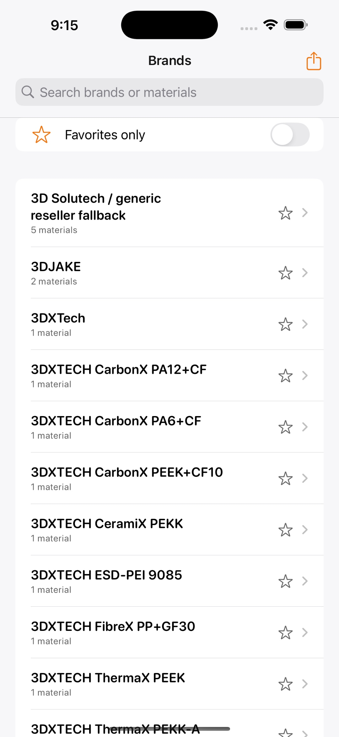Filament brand database in Printer Studio with manufacturer-recommended settings