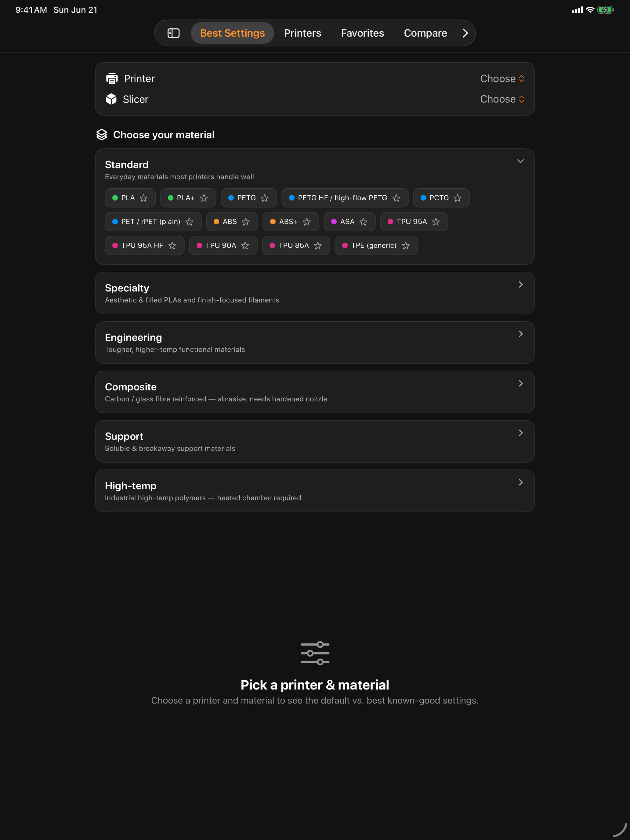 Printer Studio Best Settings finder on iPad with the adaptive glass tab bar