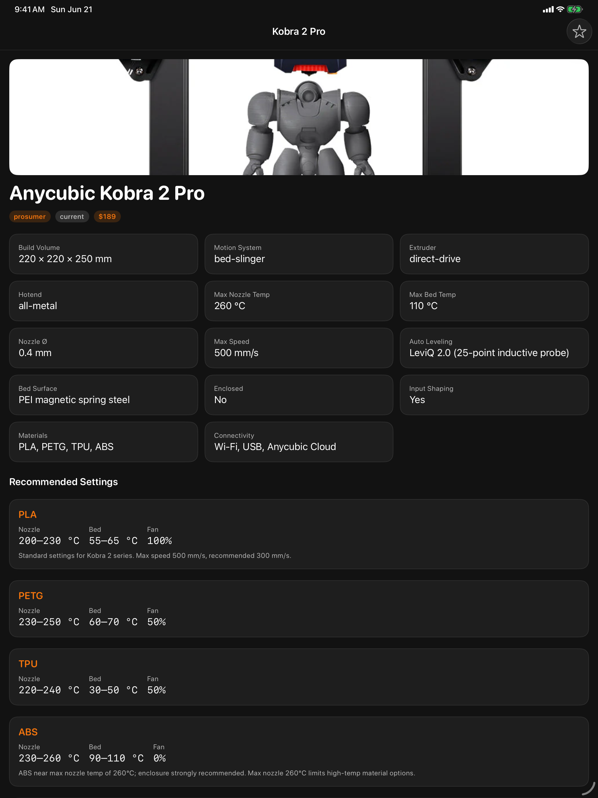 Printer Studio on iPad showing a full printer spec sheet with recommended material settings