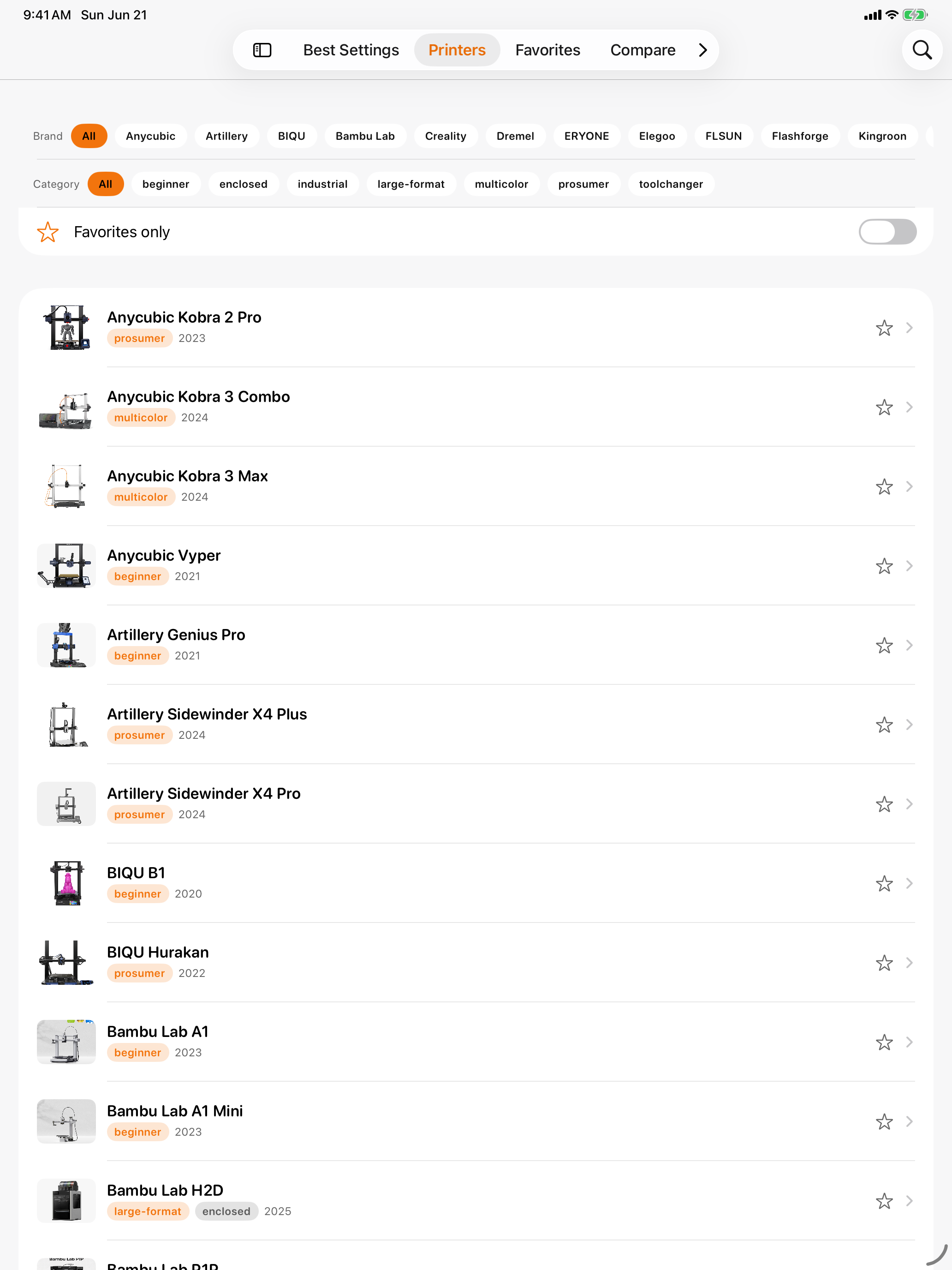 Printer Studio printer library on iPad listing 3D printers by brand in light mode